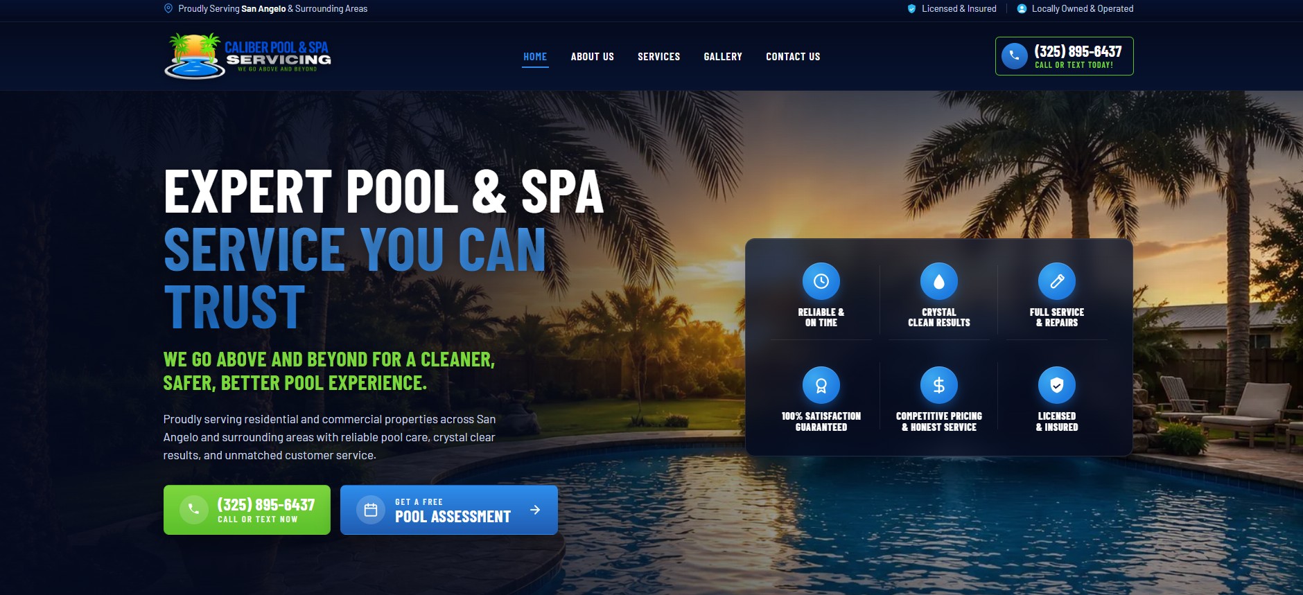 Caliber Pool & Spa Servicing website for a San Angelo pool service company