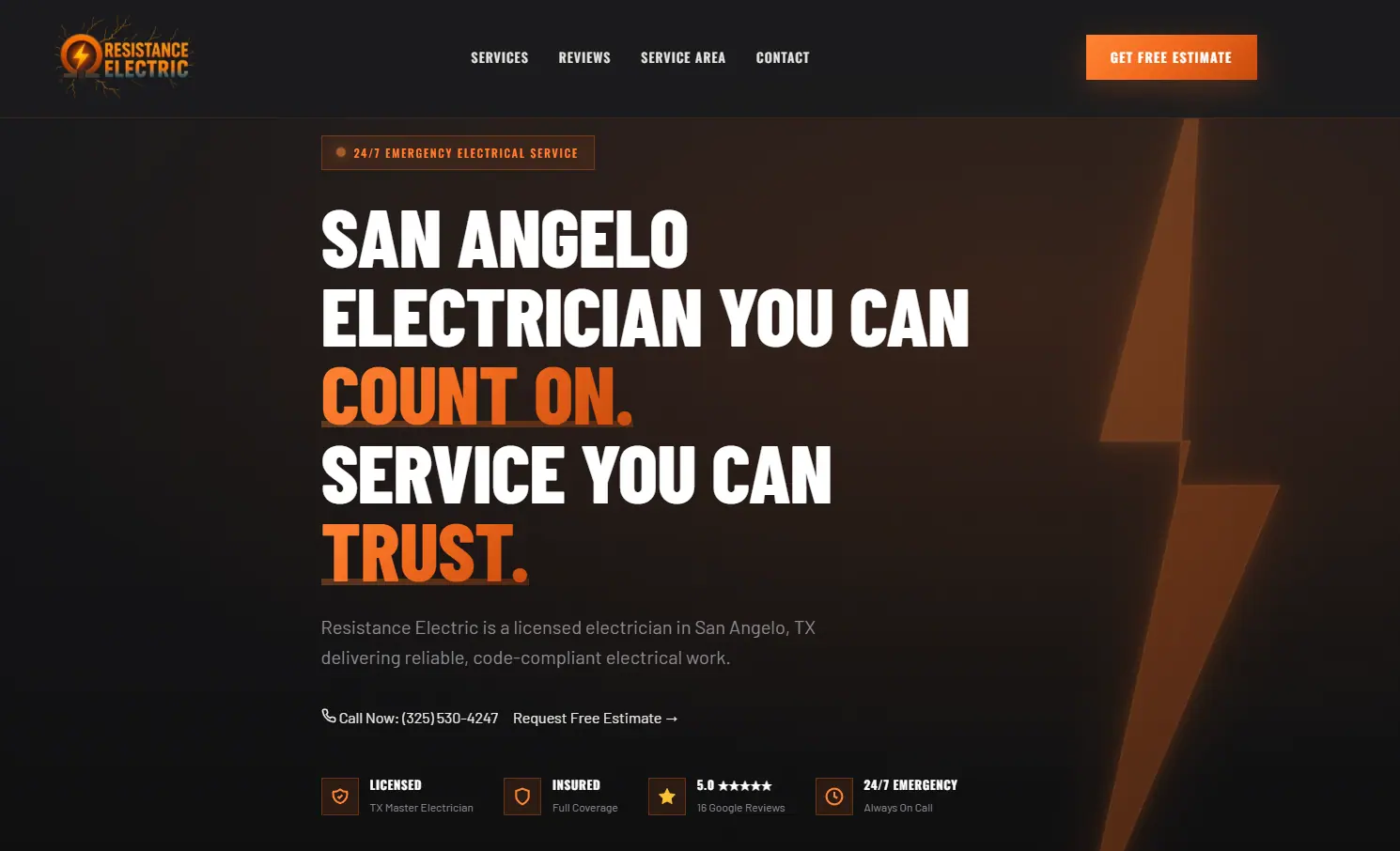 Resistance Electric website built for a San Angelo electrician