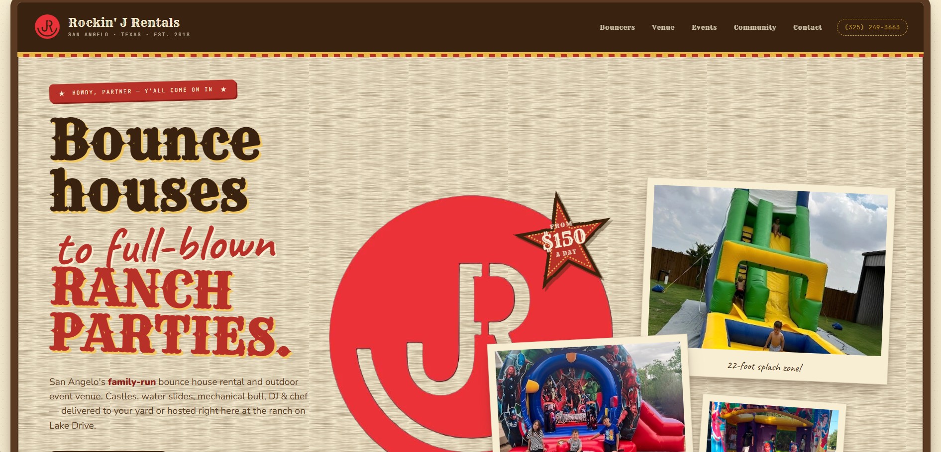 Rockin' J Rentals website for a San Angelo bounce house rental and event venue